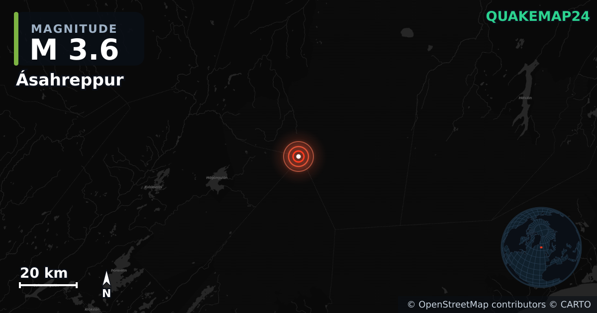 M3.6 earthquake near Ásahreppur on Jun 14, 2026 — map of epicenter and shaking intensity | QuakeMap24