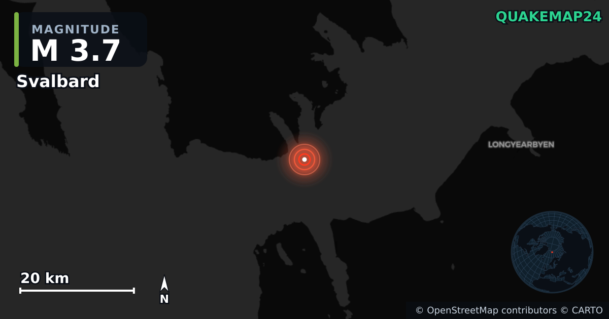 M3.7 earthquake near Svalbard on Jul 17, 2026 — map of epicenter and shaking intensity | QuakeMap24