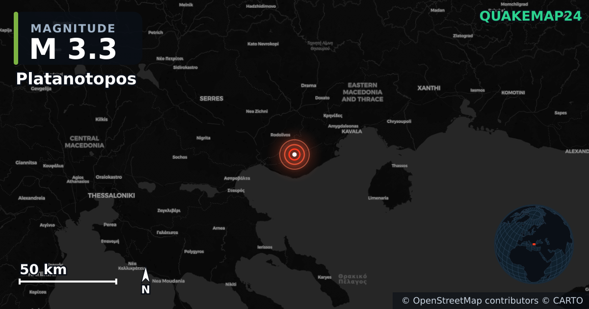 M3.3 earthquake near Platanotopos on Mar 25, 2026 — map of epicenter and shaking intensity | QuakeMap24