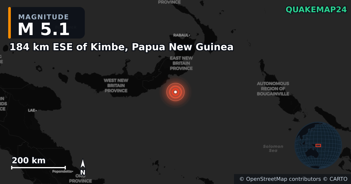 M5.1 earthquake near 184 km ESE of Kimbe, Papua New Guinea on Apr 5, 2025 — map of epicenter and shaking intensity | QuakeMap24