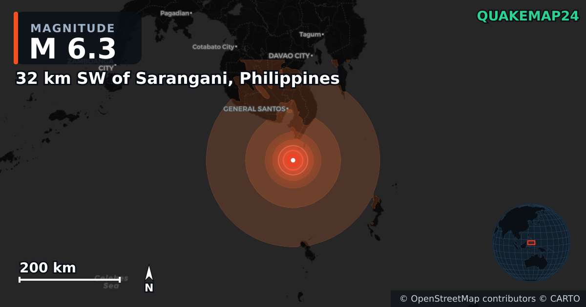 M6.3 earthquake near 32 km SW of Sarangani, Philippines on Aug 5, 2026 — map of epicenter and shaking intensity | QuakeMap24