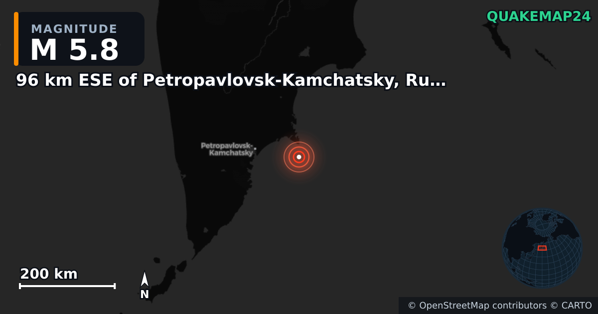 M5.8 earthquake near 96 km ESE of Petropavlovsk-Kamchatsky, Russia on Aug 1, 2025 — map of epicenter and shaking intensity | QuakeMap24