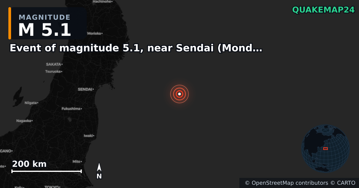 Event of magnitude 5.1, near Sendai (Monde) yakınında M5,1 deprem — Deprem merkez üssünün konumunu gösteren harita