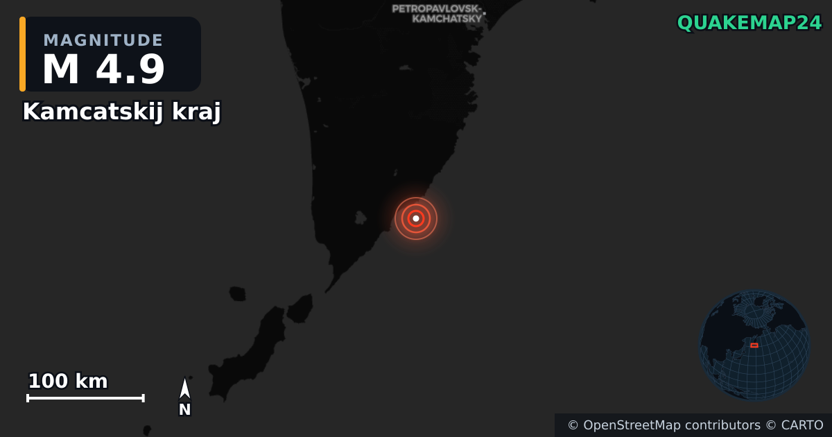 M4.9 earthquake near Kamcatskij kraj on Nov 30, 2025 — map of epicenter and shaking intensity | QuakeMap24