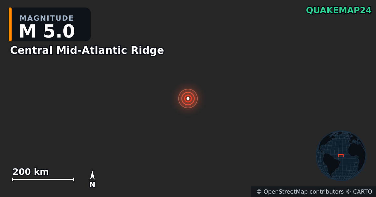 Sismo de M5,0 perto de Central Mid-Atlantic Ridge · 2025-04-19 — Mapa da localização do epicentro