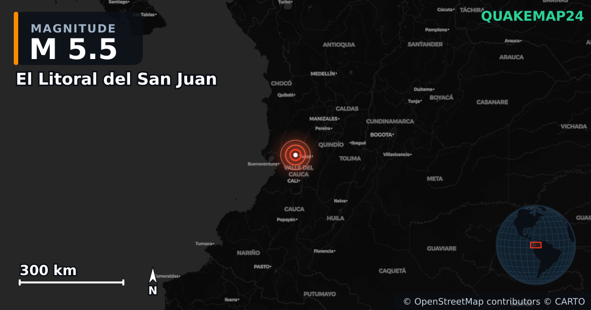 M5.5 earthquake near El Litoral del San Juan on May 14, 2026 — map of epicenter and shaking intensity | QuakeMap24