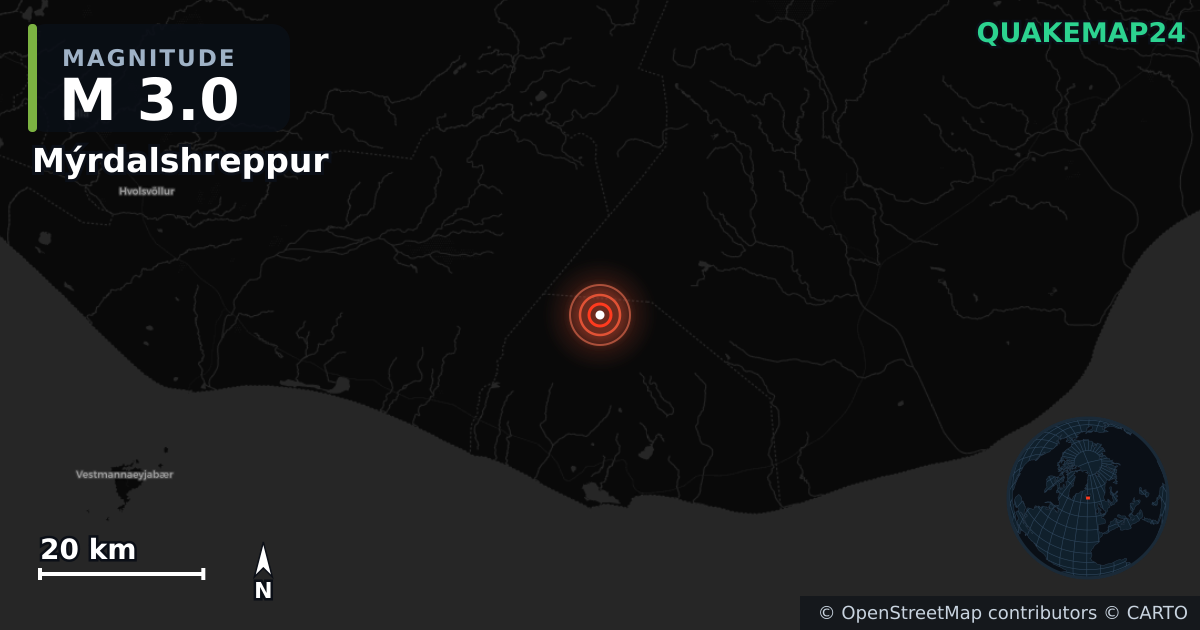 M3.0 earthquake near Mýrdalshreppur on Jan 28, 2026 — map of epicenter and shaking intensity | QuakeMap24