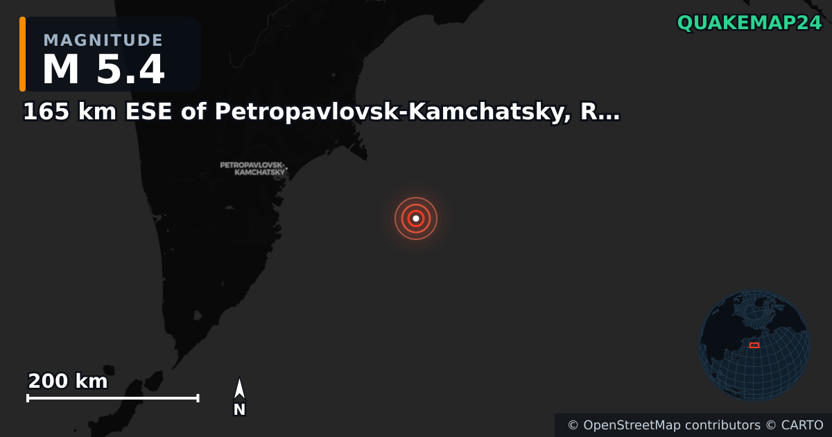 M5.4 earthquake near 165 km ESE of Petropavlovsk-Kamchatsky, Russia on Jul 30, 2025 — map of epicenter and shaking intensity | QuakeMap24