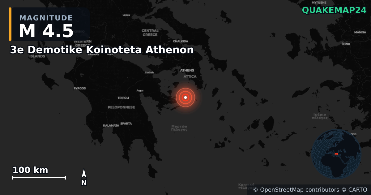 M4.5 earthquake near 3e Demotike Koinoteta Athenon on Sep 21, 2025 — map of epicenter and shaking intensity | QuakeMap24