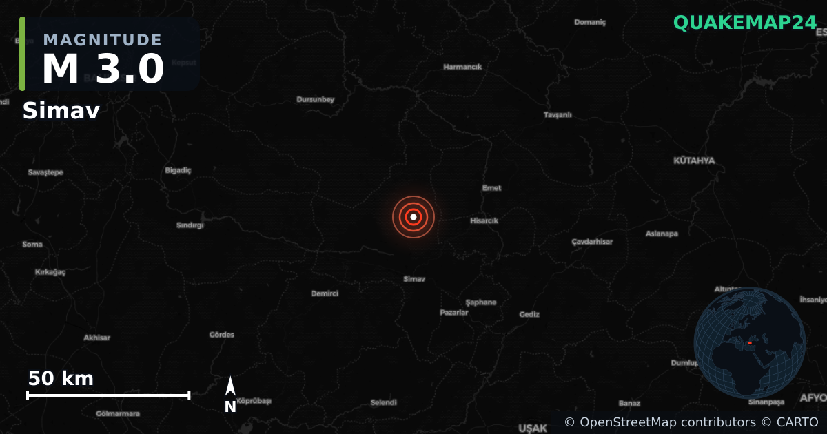 M3.0 earthquake near Simav on Jun 1, 2025 — map of epicenter and shaking intensity | QuakeMap24