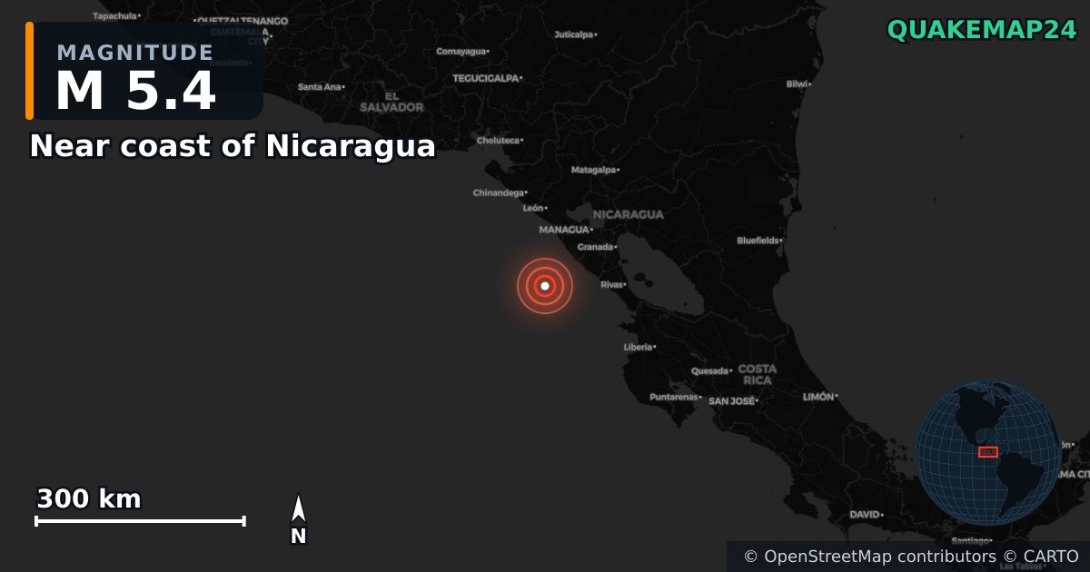 M5.4 earthquake near Near coast of Nicaragua on Mar 30, 2026 — map of epicenter and shaking intensity | QuakeMap24
