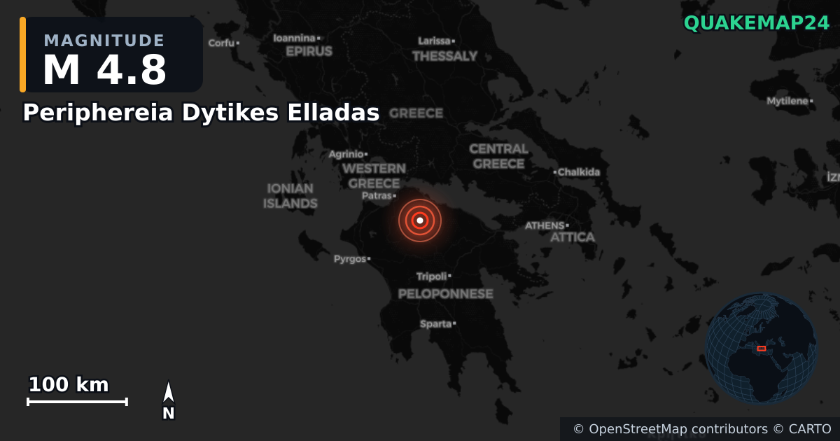 M4.8 earthquake near Periphereia Dytikes Elladas on Dec 6, 2025 — map of epicenter and shaking intensity | QuakeMap24