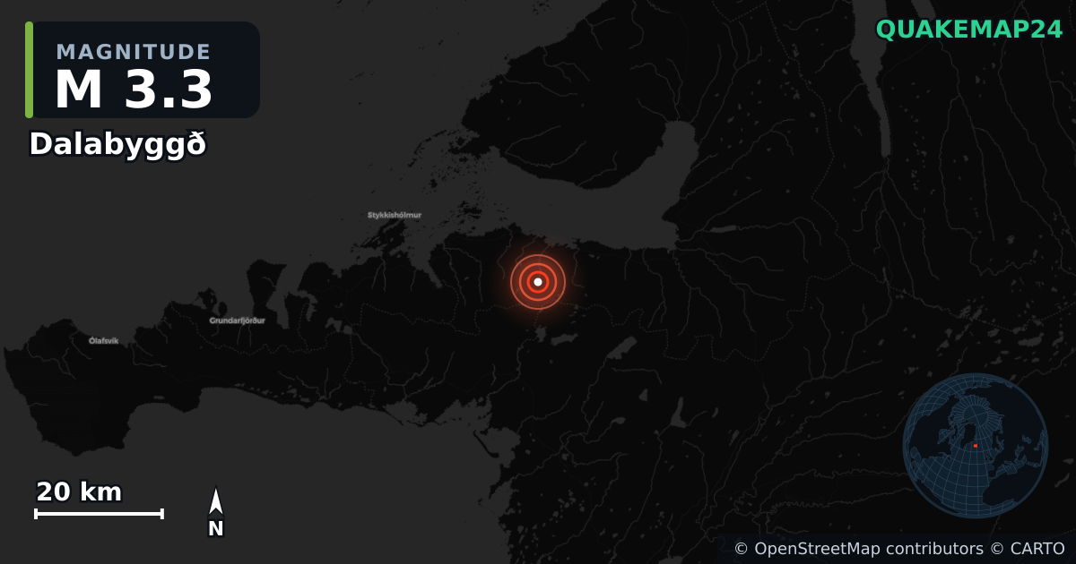 M3.3 earthquake near Dalabyggð on Jun 27, 2026 — map of epicenter and shaking intensity | QuakeMap24