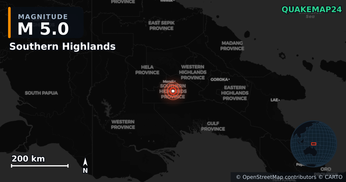 M5.0 earthquake near Southern Highlands on Jan 3, 2026 — map of epicenter and shaking intensity | QuakeMap24