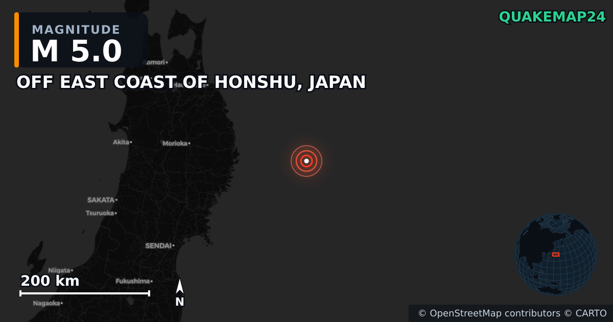 M5.0 earthquake near OFF EAST COAST OF HONSHU, JAPAN on Nov 8, 2025 — map of epicenter and shaking intensity | QuakeMap24
