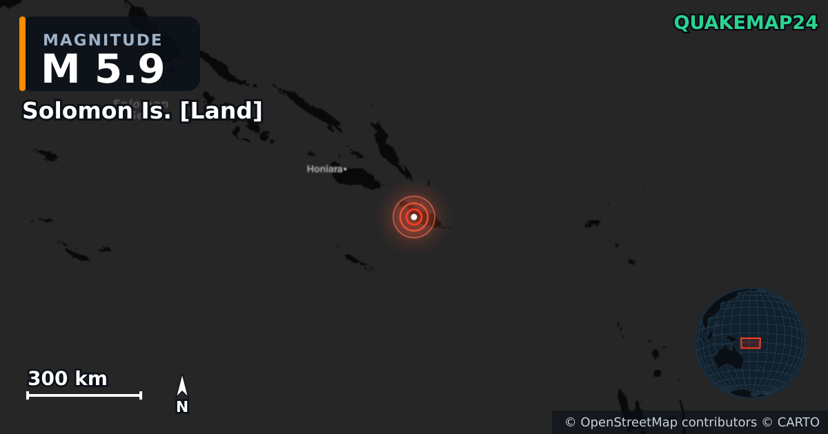 M5.9 earthquake near Solomon Is. [Land] on Apr 18, 2026 — map of epicenter and shaking intensity | QuakeMap24