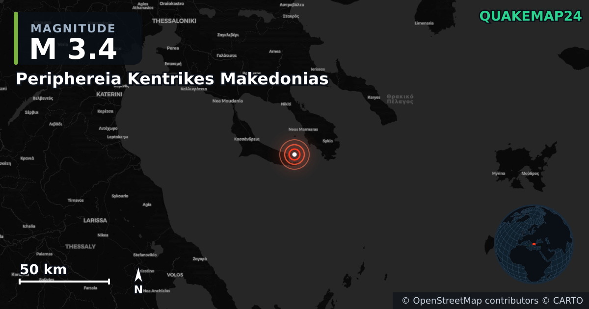 M3.4 earthquake near Periphereia Kentrikes Makedonias on Dec 13, 2025 — map of epicenter and shaking intensity | QuakeMap24