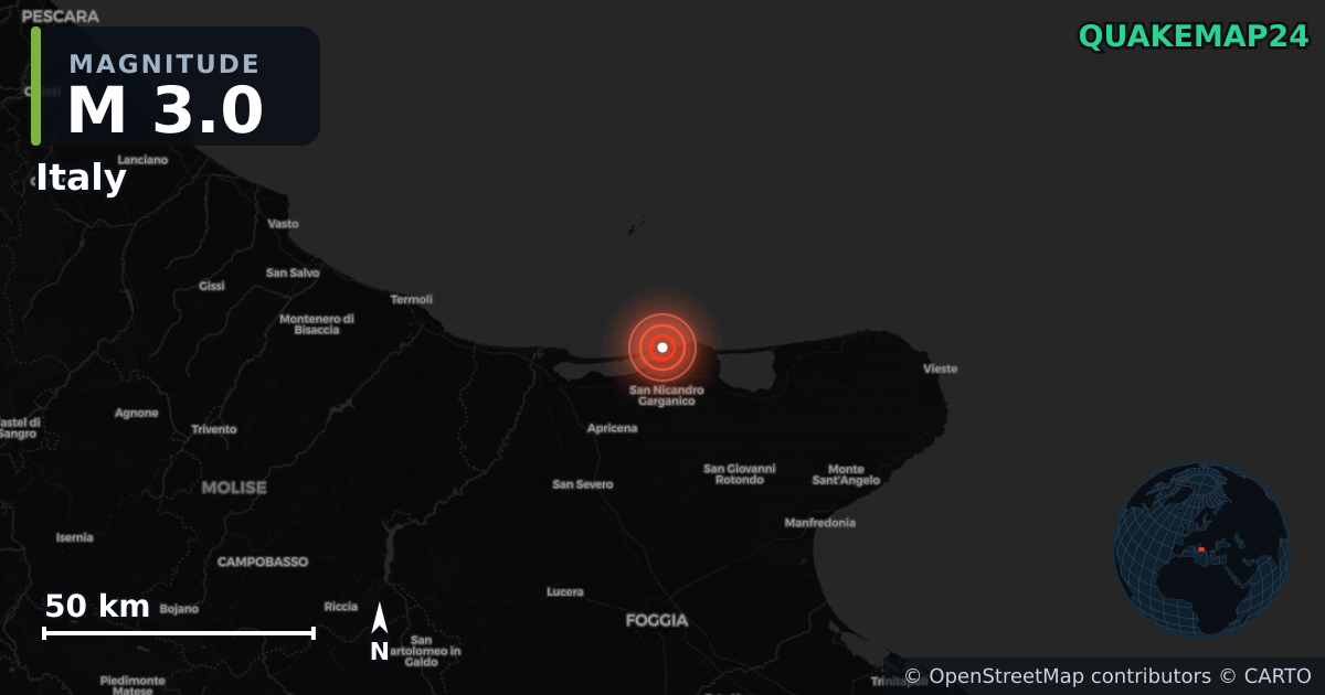 Italy (İtalya) yakınında M3,0 deprem · 2026-06-24 — Deprem merkez üssünün konumunu gösteren harita