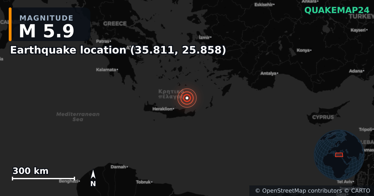 M5.9 earthquake near Local do sismo (35.811, 25.858) on May 22, 2025 — map of epicenter and shaking intensity | QuakeMap24