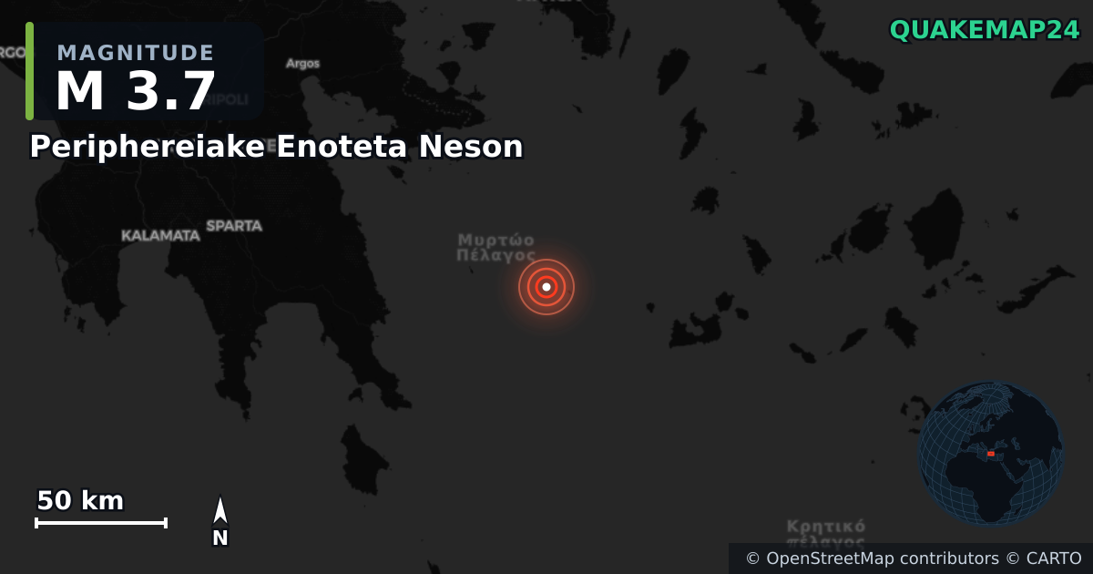 M3.7 earthquake near Periphereiake Enoteta Neson on Feb 15, 2026 — map of epicenter and shaking intensity | QuakeMap24