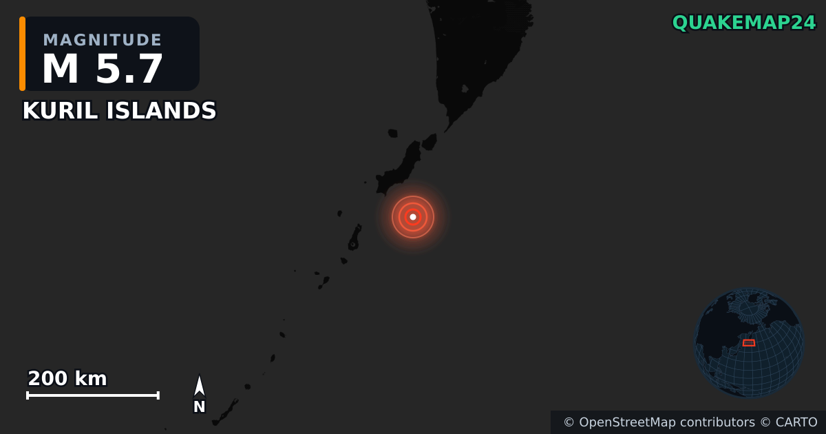 M5.7 earthquake near KURIL ISLANDS on Nov 4, 2025 — map of epicenter and shaking intensity | QuakeMap24