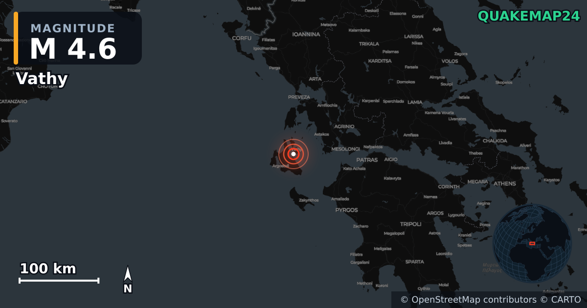 M4.6 Earthquake near Vathy, Ioanian Islands (Greece) · 2026-10-16 — Map showing the location of the epicenter