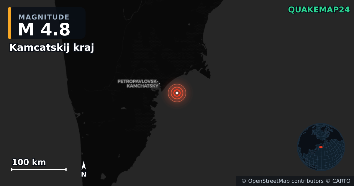 M4.8 earthquake near Kamcatskij kraj on Aug 20, 2025 — map of epicenter and shaking intensity | QuakeMap24