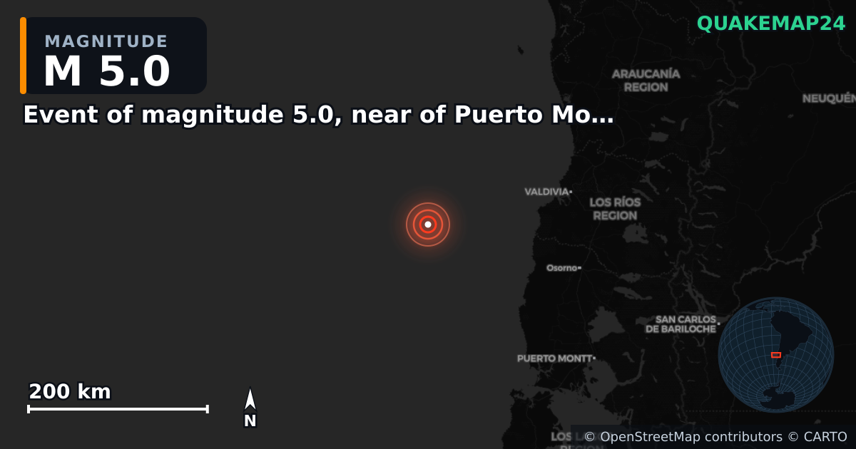 Event of magnitude 5.0, near of Puerto Montt (Monde) yakınında M5,0 deprem — Deprem merkez üssünün konumunu gösteren harita