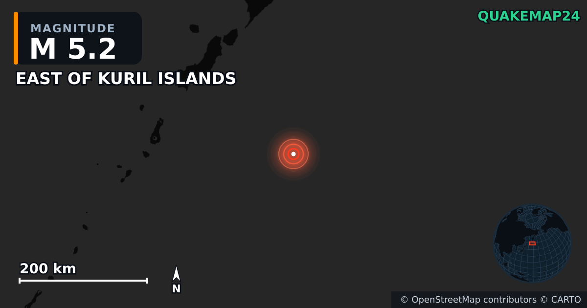 M5.2 earthquake near EAST OF KURIL ISLANDS on Jul 31, 2025 — map of epicenter and shaking intensity | QuakeMap24