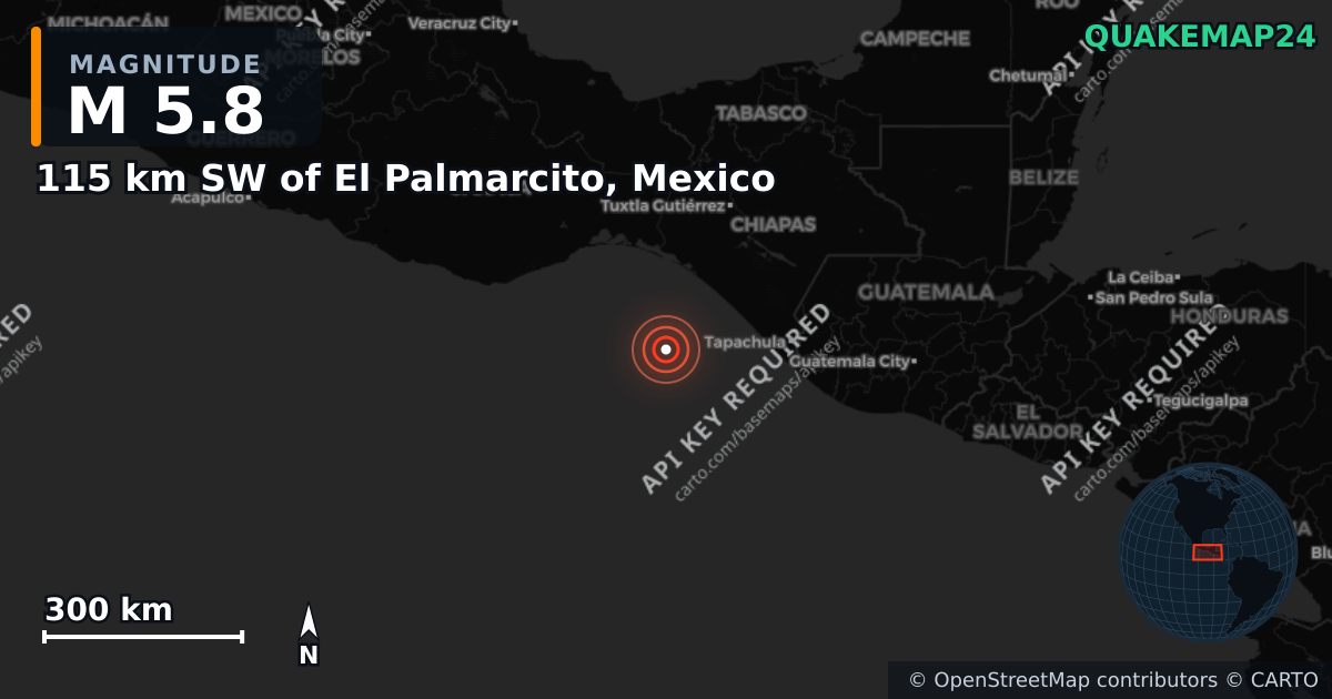 M5.8 earthquake near 115 km SW of El Palmarcito, Mexico on Jun 18, 2025 — map of epicenter and shaking intensity | QuakeMap24