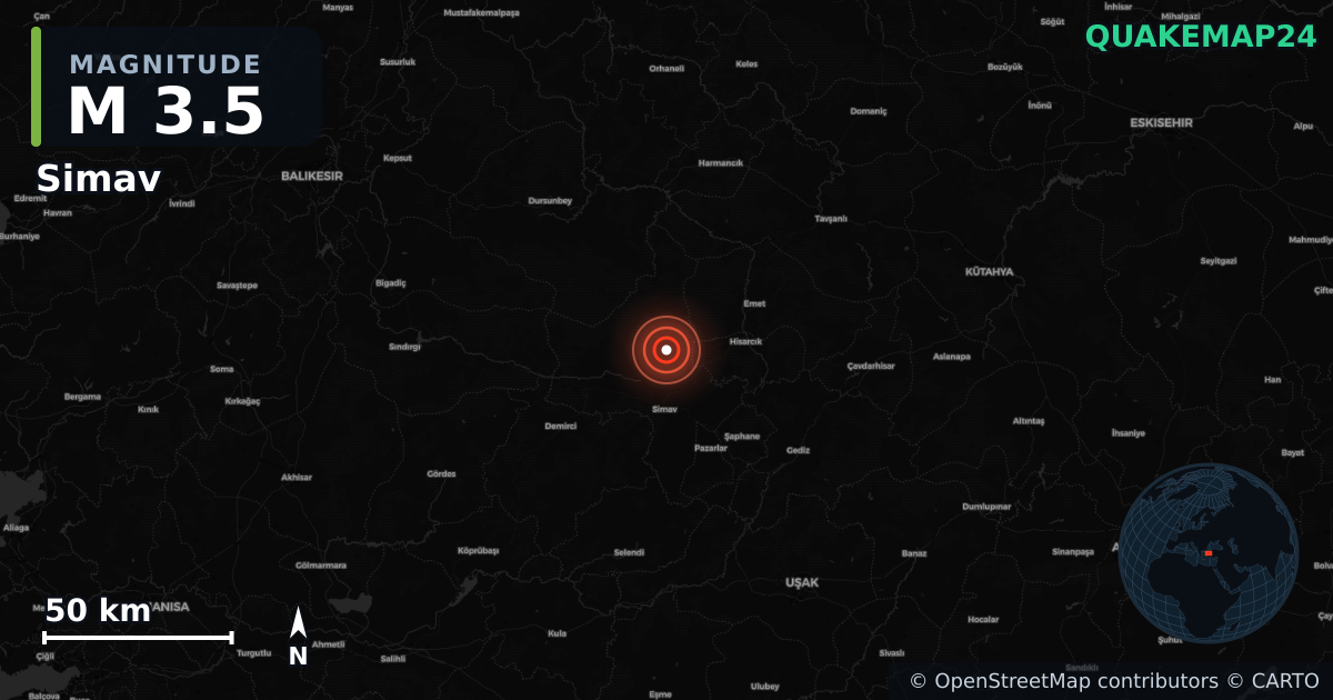 M3.5 earthquake near Simav on Jun 17, 2025 — map of epicenter and shaking intensity | QuakeMap24
