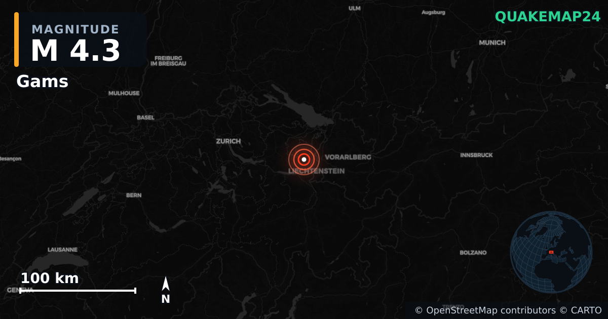 M4.3 earthquake near Gams on Apr 26, 2026 — map of epicenter and shaking intensity | QuakeMap24