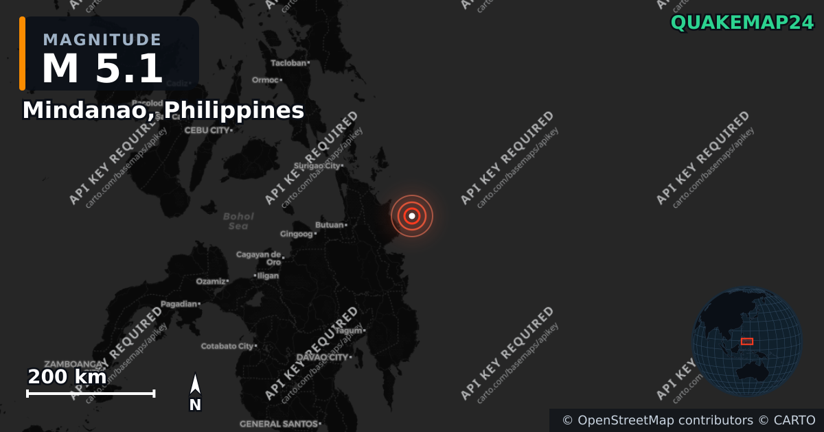 M5.1 earthquake near Mindanao, Philippines on May 24, 2026 — map of epicenter and shaking intensity | QuakeMap24