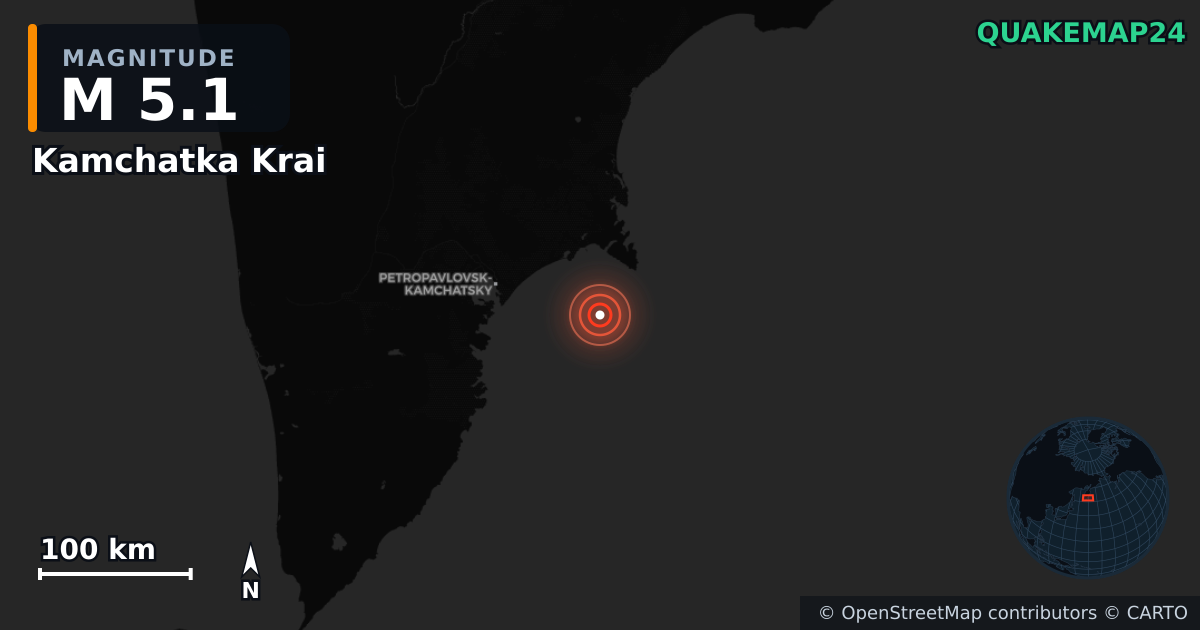 Kamchatka Krai (Rusya) yakınında M5,1 deprem · 2026-10-07 — Deprem merkez üssünün konumunu gösteren harita