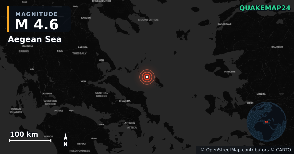 M4.6 earthquake near Aegean Sea on Nov 17, 2025 — map of epicenter and shaking intensity | QuakeMap24