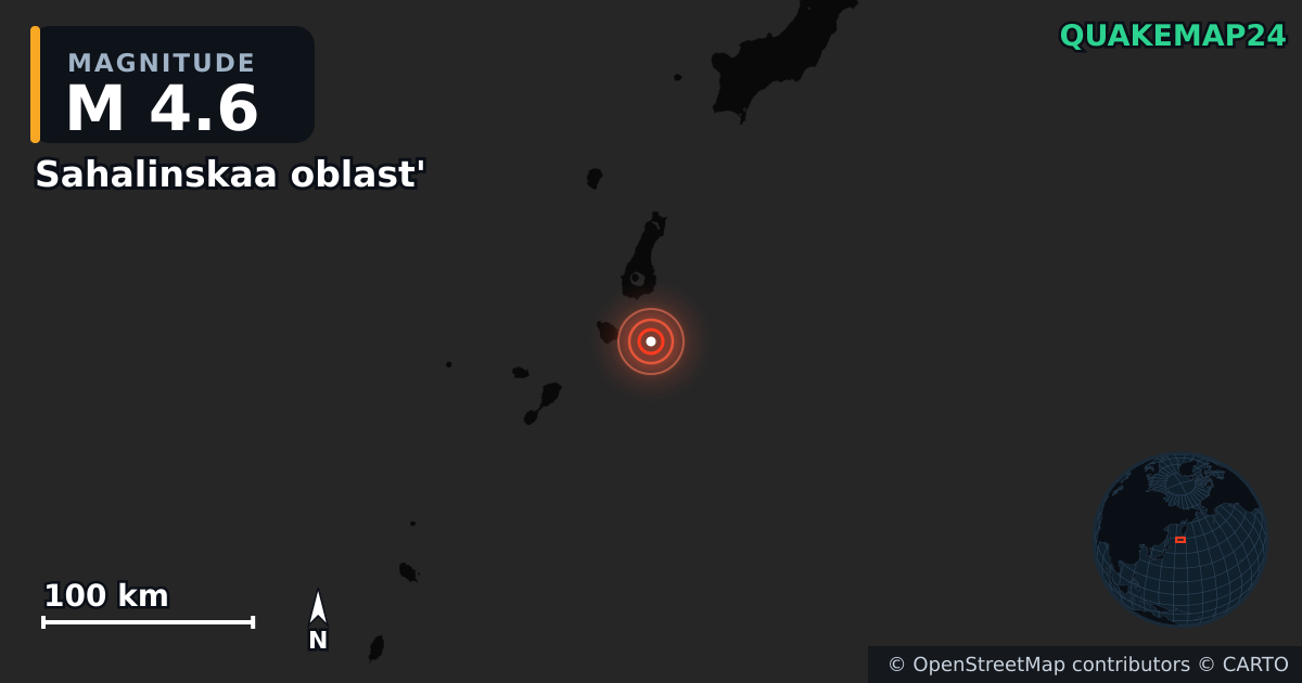 M4.6 earthquake near Sahalinskaa oblast' on Aug 9, 2025 — map of epicenter and shaking intensity | QuakeMap24