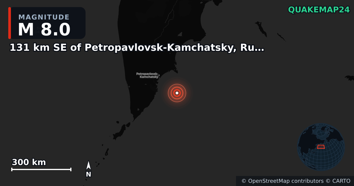 M8.0 earthquake near 131 km SE of Petropavlovsk-Kamchatsky, Russia on Jul 29, 2025 — map of epicenter and shaking intensity | QuakeMap24