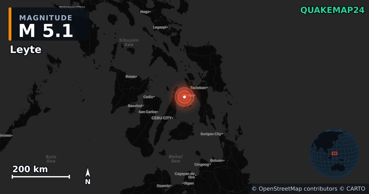 M5.1 earthquake near Leyte on Oct 1, 2025 — map of epicenter and shaking intensity | QuakeMap24