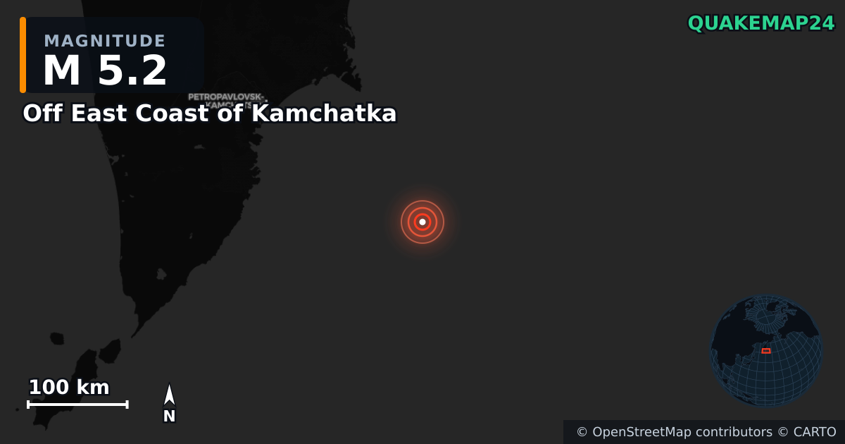 M5.2 earthquake near Off East Coast of Kamchatka on Sep 8, 2025 — map of epicenter and shaking intensity | QuakeMap24