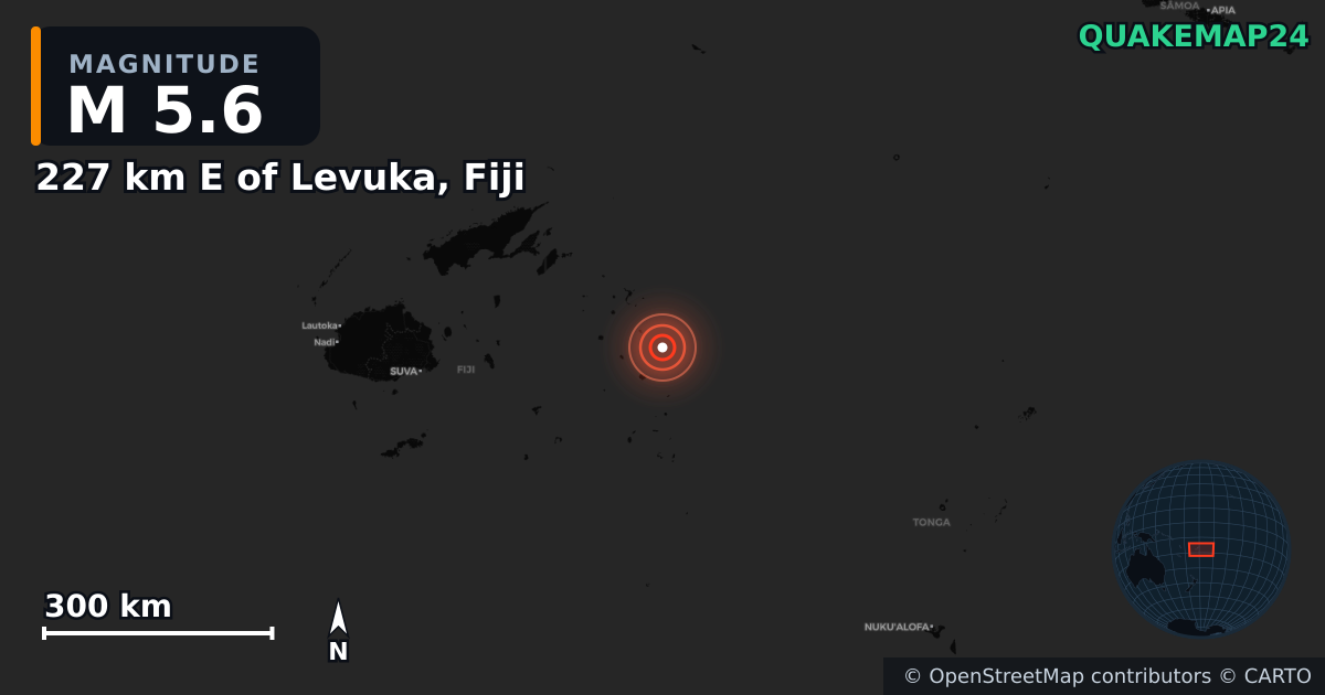 M5.6 earthquake near 227 km E of Levuka, Fiji on Aug 26, 2025 — map of epicenter and shaking intensity | QuakeMap24