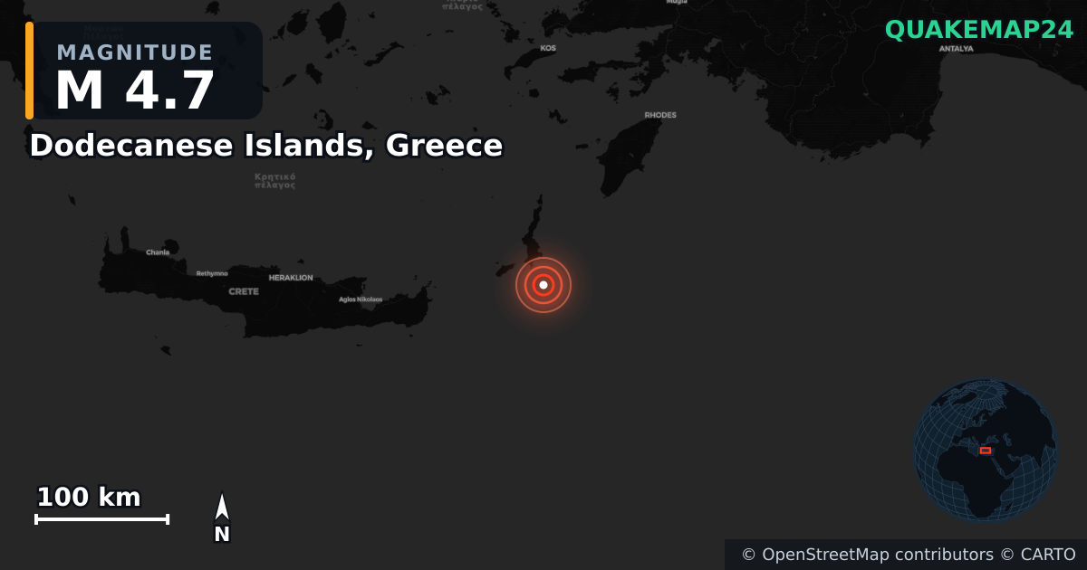 Dodecanese Islands, Greece yakınında M4,7 deprem · 2026-06-24 — Deprem merkez üssünün konumunu gösteren harita