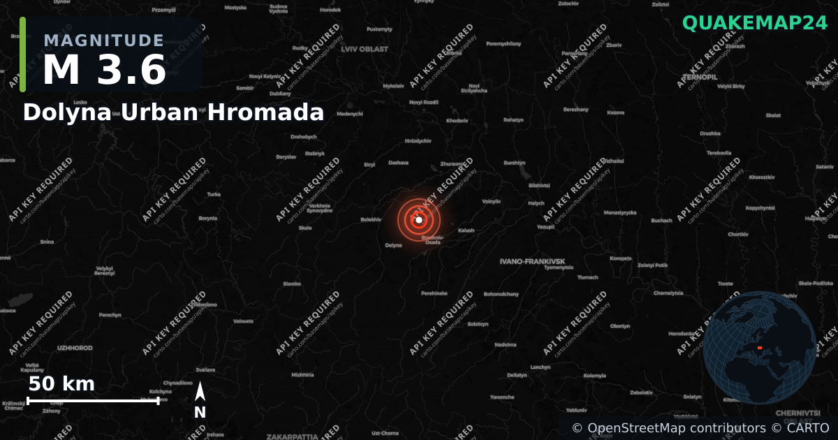 M3.6 earthquake near Dolyna Urban Hromada on Sep 28, 2025 — map of epicenter and shaking intensity | QuakeMap24