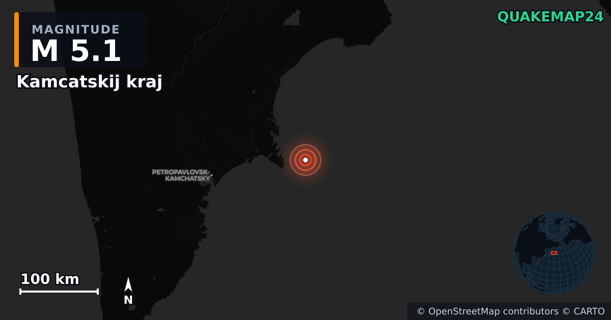 M5.1 earthquake near Kamcatskij kraj on Sep 13, 2025 — map of epicenter and shaking intensity | QuakeMap24