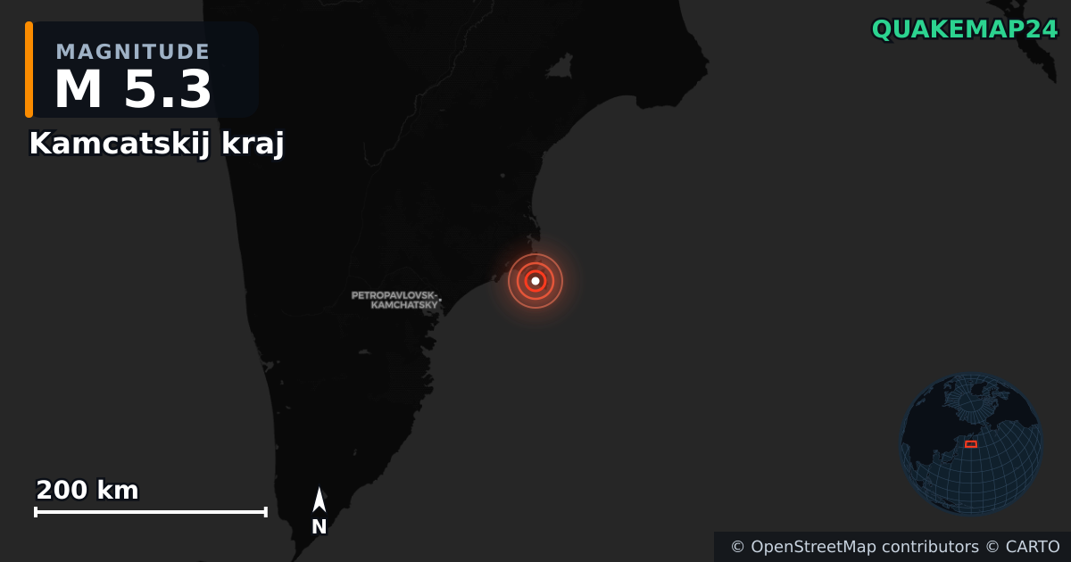 M5.3 earthquake near Kamcatskij kraj on Sep 15, 2025 — map of epicenter and shaking intensity | QuakeMap24