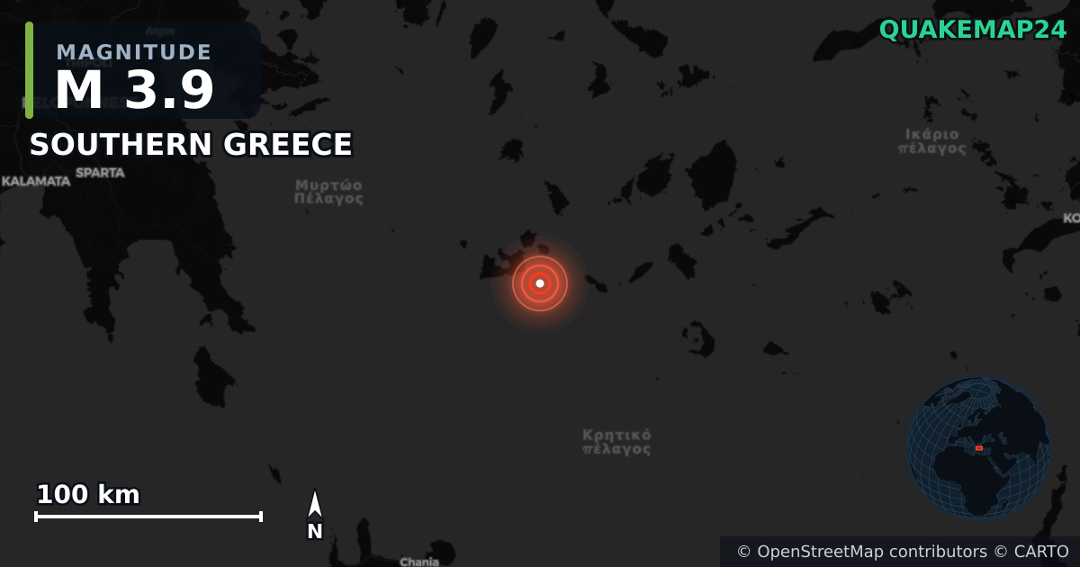 M3.9 earthquake near SOUTHERN GREECE on Dec 2, 2025 — map of epicenter and shaking intensity | QuakeMap24