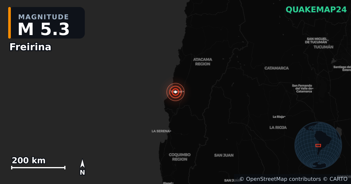 M5.3 earthquake near Freirina on Jul 3, 2026 — map of epicenter and shaking intensity | QuakeMap24