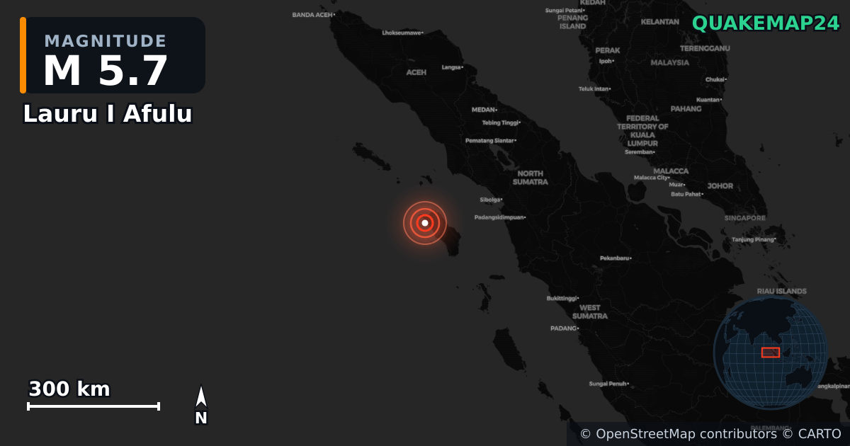 M5.7 earthquake near Lauru I Afulu on Apr 18, 2026 — map of epicenter and shaking intensity | QuakeMap24