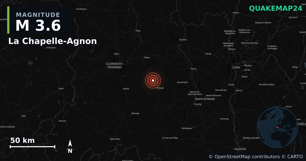 Erdbeben M3,6 bei La Chapelle-Agnon, Auvergne-Rhône-Alpes (Frankreich) · 2026-10-22 — Karte der Lage des Epizentrums