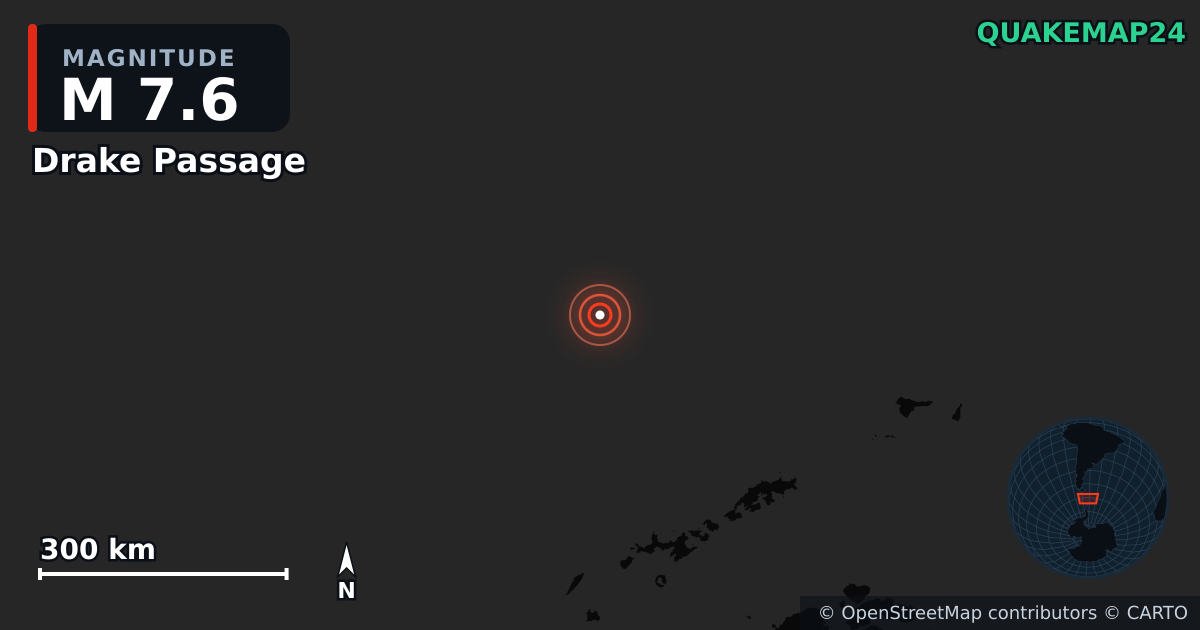 M7.6 earthquake near Drake Passage on Oct 10, 2025 — map of epicenter and shaking intensity | QuakeMap24