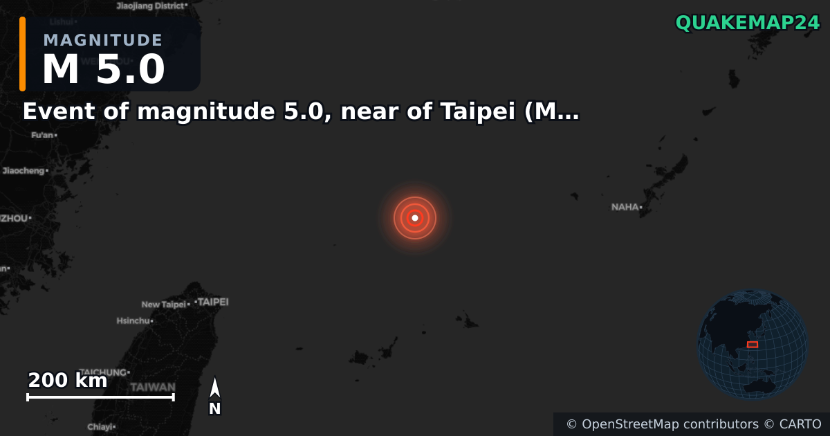 M5.0 earthquake near Event of magnitude 5.0, near of Taipei (Monde) on Nov 20, 2025 — map of epicenter and shaking intensity | QuakeMap24
